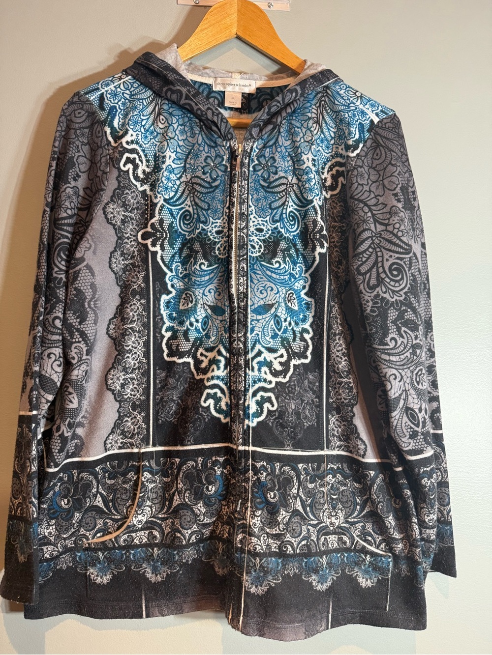 Christopher & Banks Blue and Gray Paisley Zip Hoodie - Picture 3 of 10